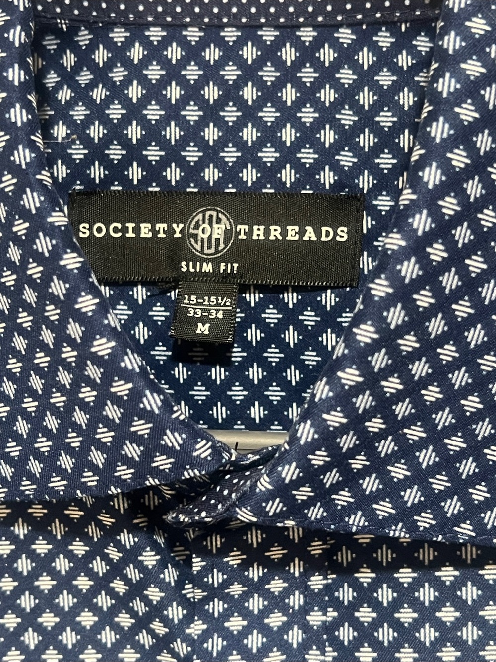 Society Of Threads Navy ButtonDown w/White Geometric Print slim fit shirt size M